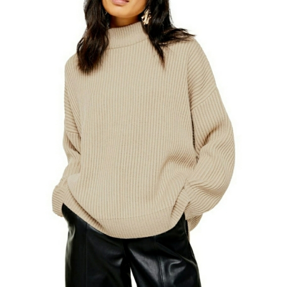 Topshop Sweaters - Topshop Mock Neck Ribbed Knit Sweater Slouchy Tan
